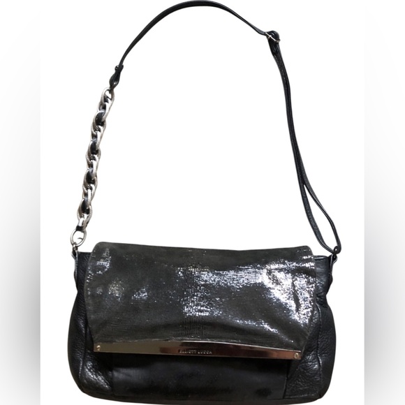 🔥Elliott Lucca Black Leather faux calf hair crocodile print half chain Bag - Picture 5 of 5